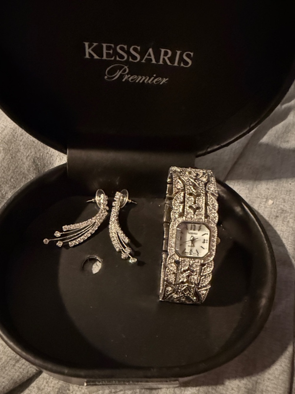 Kessaris Premier Silver Crystal Bracelet Watch with Matching Earrings